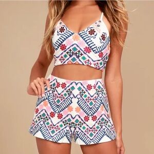 Lulu’s Rhythm is Gonna Get You Embroidered White Crop Top and Shorts Set